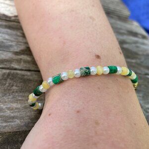 Green Sediment Jasper Bracelet, Yellow Jade, Mother of Pearl, Minimalist, Dainty